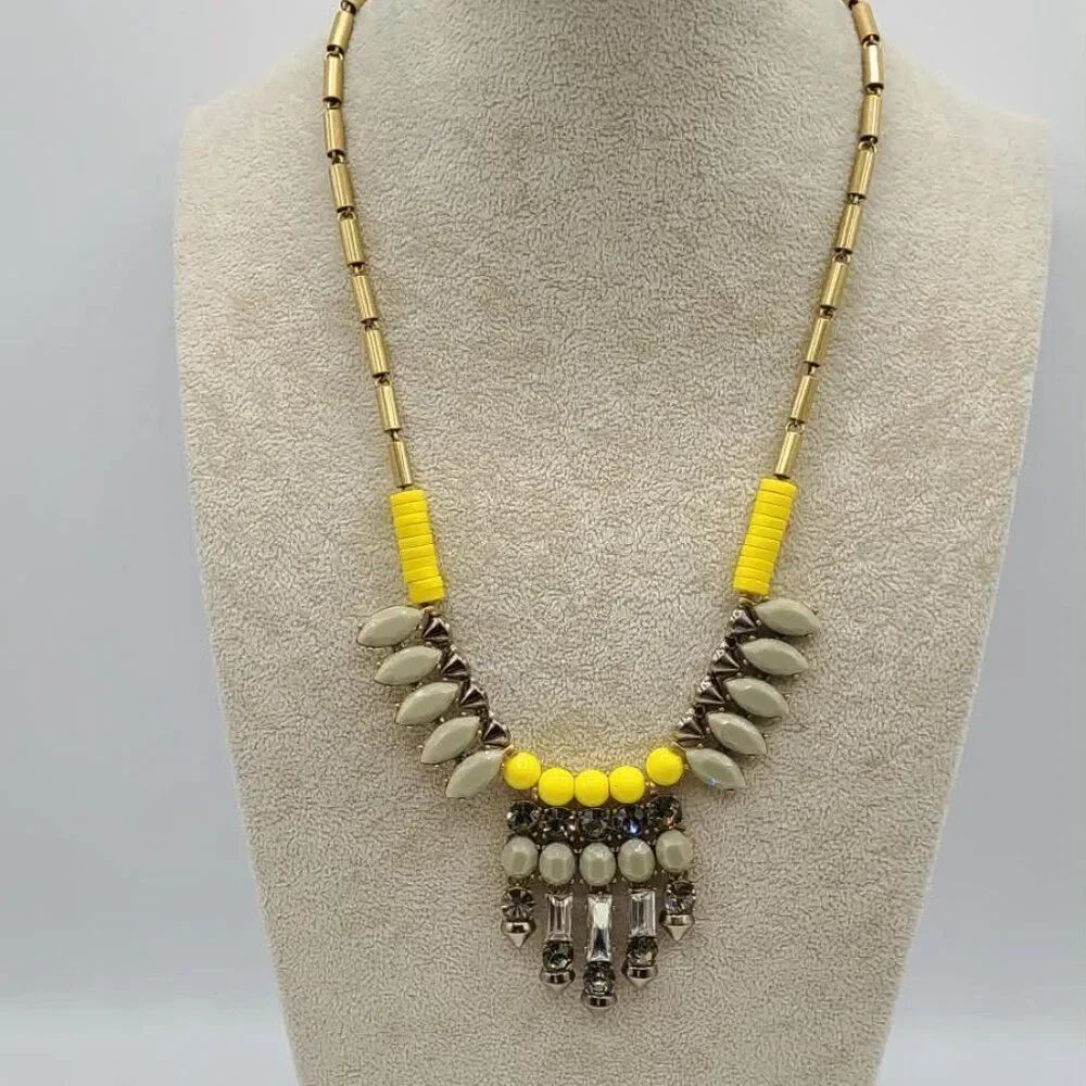 J Crew Yellow Gray Acrylic Bead Necklace with Clear Crystals Gold Links